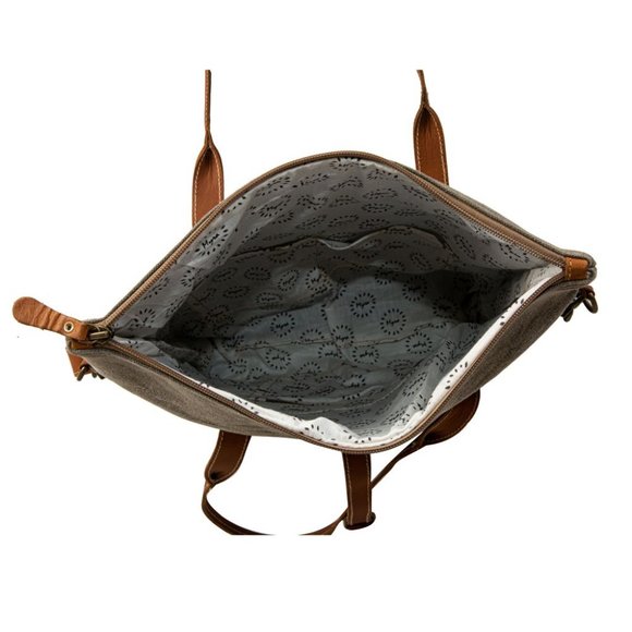 Myra Bag Handmade Hand Shoulder Bag Upcycled Canvas & Cowhide Leather - Picture 8 of 10